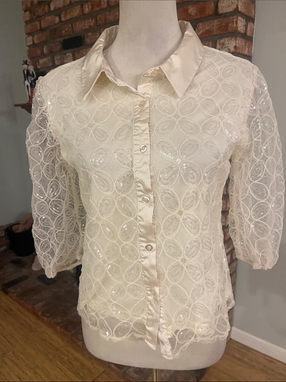 By Design Lace Button-Down Shirt with Sequin Detail